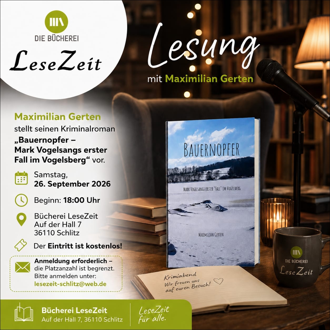 Lesung mit Maximilian Gerten (c) Bücherei Lesezeit Schlitz Vorlesung auch dem Vogelsberg-Krimi 'Bauernopfer'