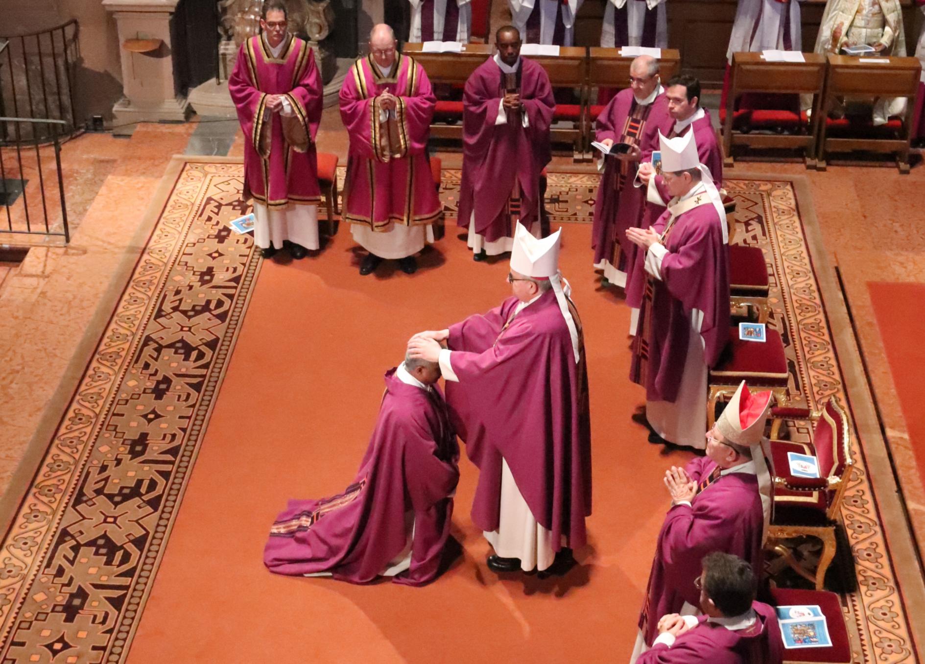 Durch Handauflegen weihte Bischof Peter Kohlgraf Pater Joshy Pottackal zum Weihbischof