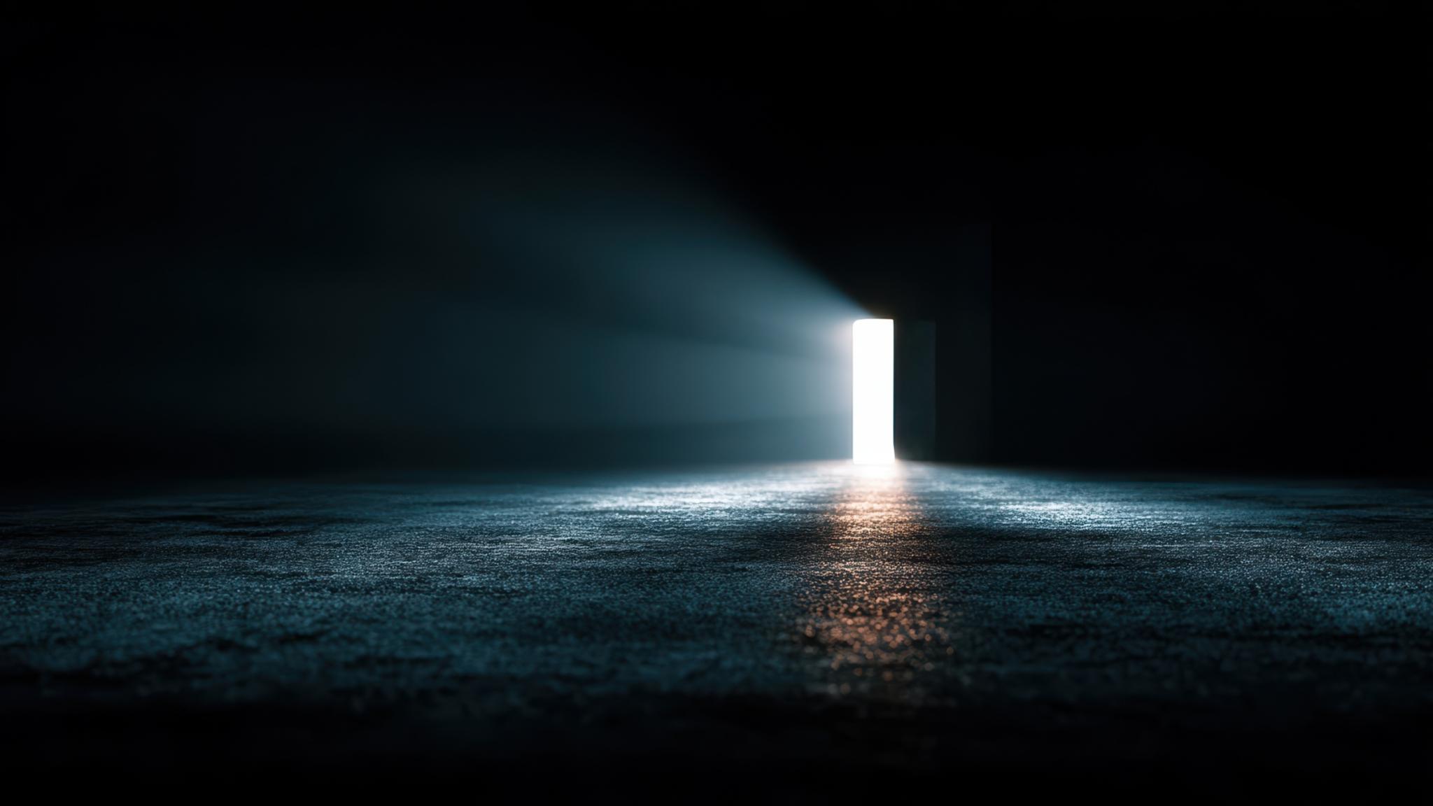 Licht fällt durch eine offene Tür in einen dunklen Raum